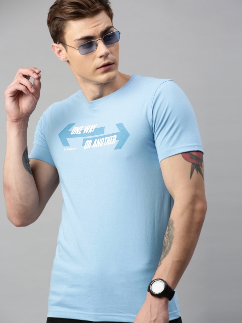 

WROGN Men Blue Slim Fit Printed Round Neck T-shirt