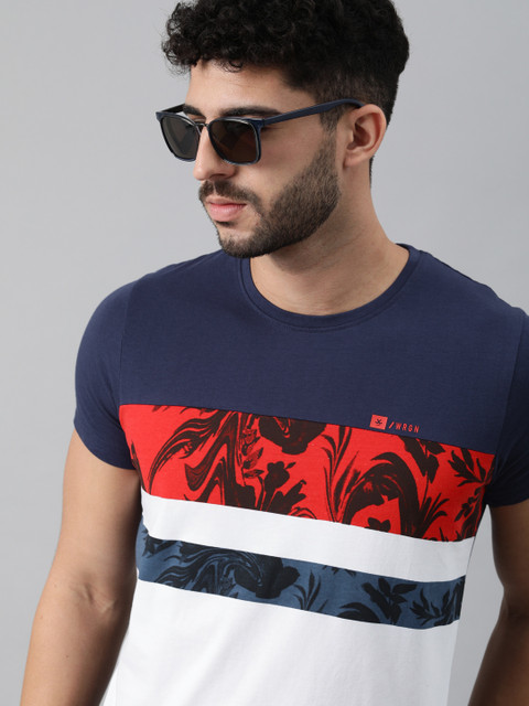 

WROGN Men Navy Blue & White Colourblocked Slim Fit Pure Cotton T-shirt