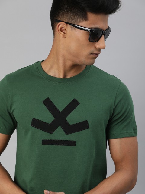 

WROGN Men Green Black Slim Fit Printed Round Neck Pure Cotton T-shirt