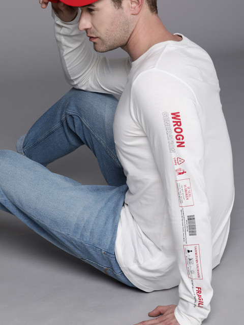

WROGN Men White Brand Logo Printed Slim Fit Pure Cotton T-shirt