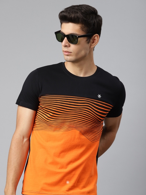 

WROGN Men Orange & Black Striped Pure Cotton Slim Fit T-shirt