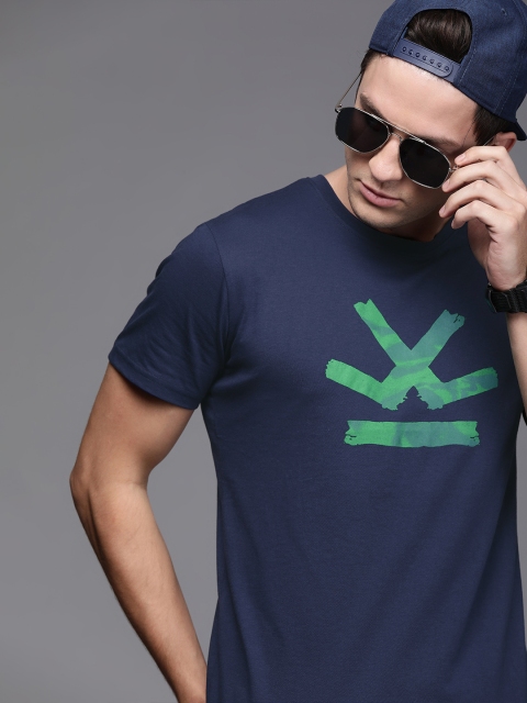 

WROGN Men Blue Printed Round Neck T-shirt