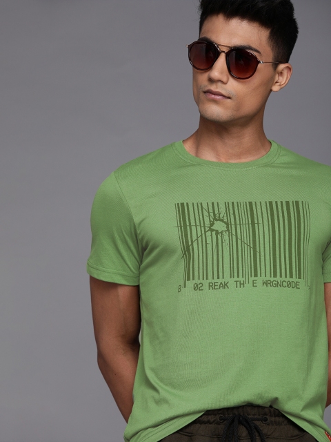 

WROGN Men Olive Green Printed Slim Fit Round Neck T-shirt