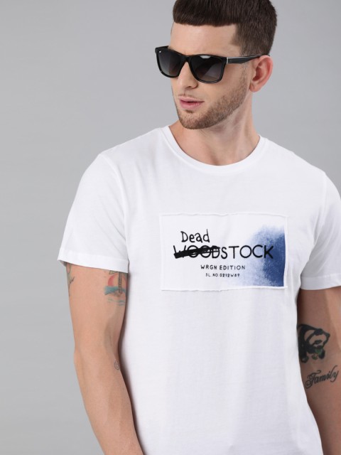 

WROGN Men White Black Pure Cotton Slim Fit Printed Round Neck Pure Cotton T-shirt