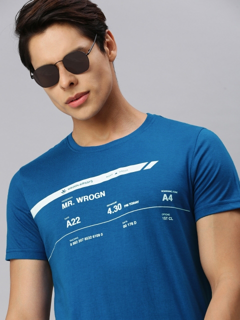 

WROGN Men Blue Typography Printed Slim Fit T-shirt