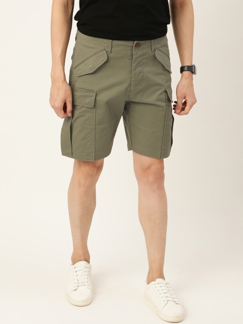 

Mr Bowerbird Men Olive Green Solid Mid-Rise Cargo Shorts