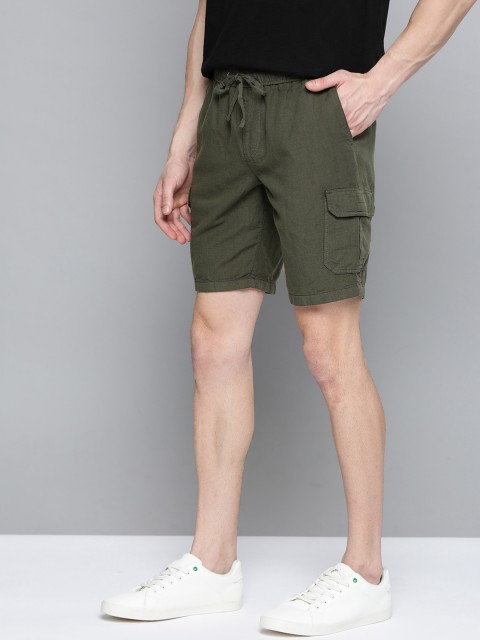 

Mast & Harbour Men Olive Green Solid Cargo Shorts