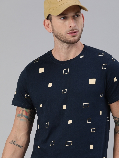 

WROGN Men Navy Blue Off-White Slim Fit Printed Round Neck Pure Cotton T-shirt