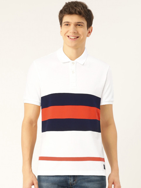 

Flying Machine Men White Navy Blue Striped Polo Collar Pure Cotton T-shirt