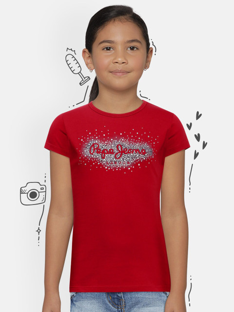 

Pepe Jeans Girls Red Printed Round Neck Pure Cotton T-shirt