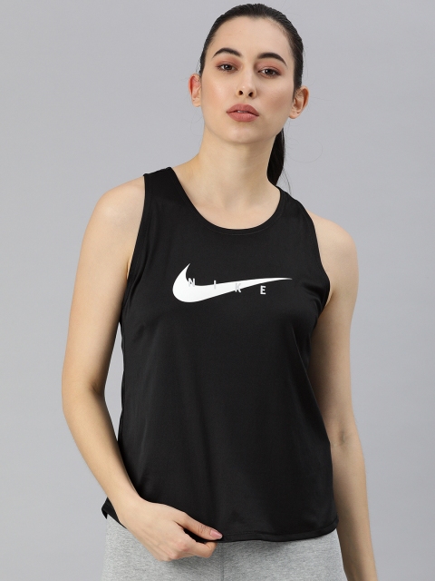 

Nike Women Black & White Brand Logo Swoosh Print Running Tank Top