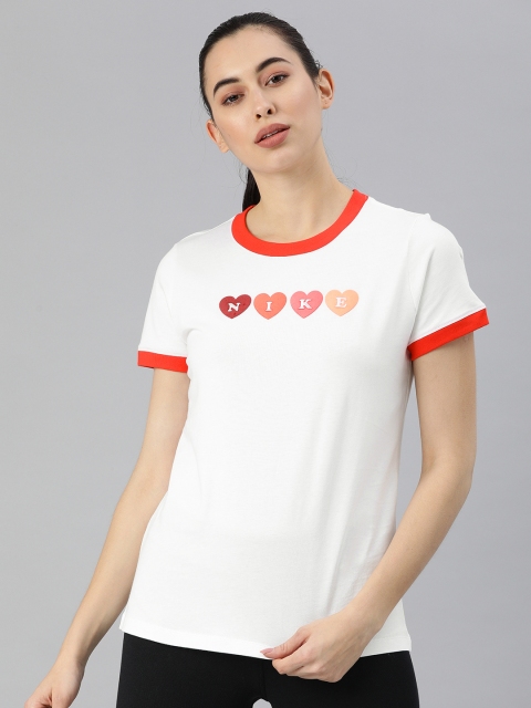 

Nike Women White & Orange Heart-Shaped Brand Logo Print Ringer Love Sports T-Shirt