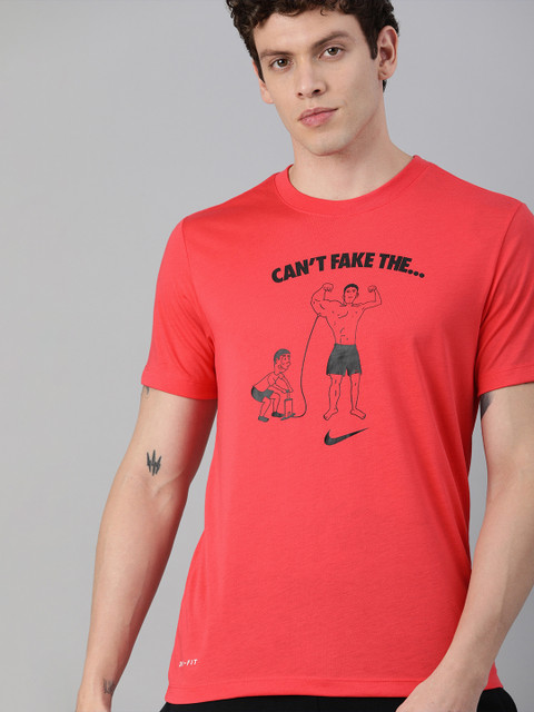 

Nike Men Coral Red Printed Dri-Fit CANT FAKE IT Round Neck Training T-shirt
