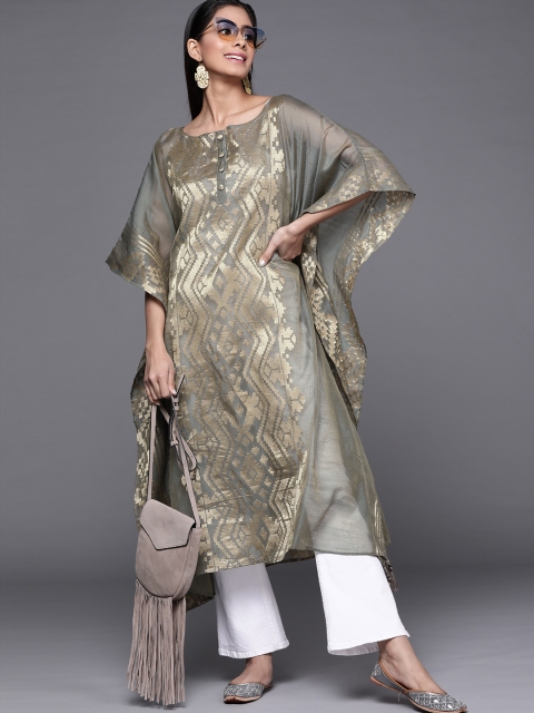 

Inddus Women Grey & Golden Zari Woven Design Boat Neck Extended Sleeves Kaftan Kurta