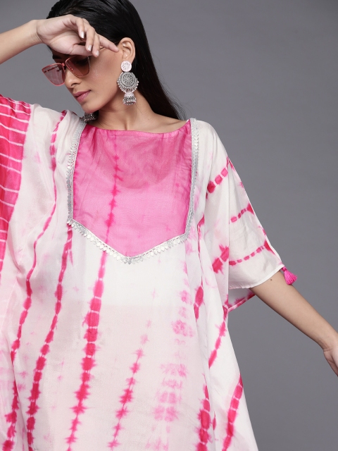 

Inddus Women White & Pink Tie & Dye Print Kaftan Kurta