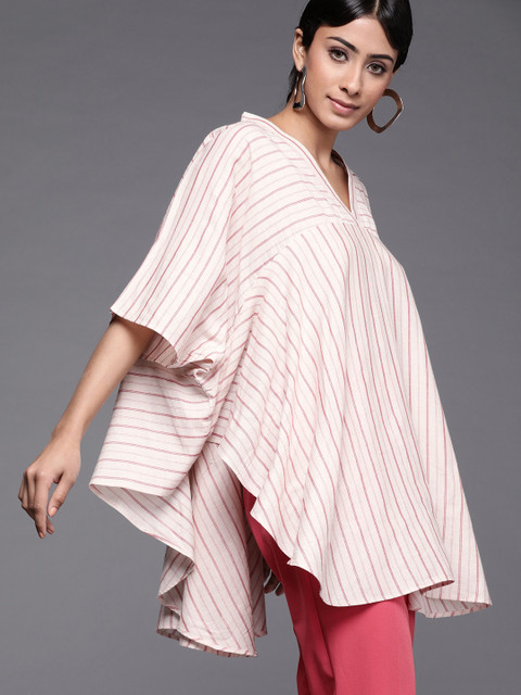 

Inddus Off-White & Pink Striped Cotton Kaftan Top