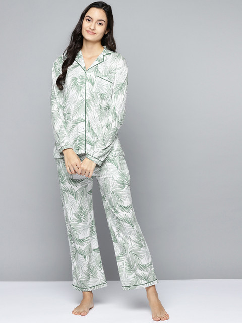 

Femella Women White & Green Pure Cotton Tropical Printed Night suit