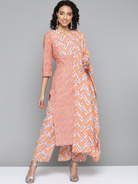 

HERE&NOW Women Peach-Coloured & White Printed Kurta with Palazzos & Dupatta