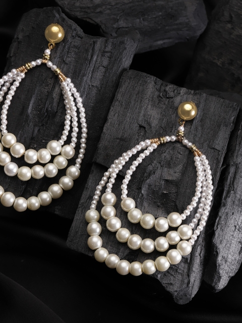 

DIVA WALK EXCLUSIVE Off-White Gold-Plated Beaded Layered Handcrafted Teardrop Shaped Drop Earrings