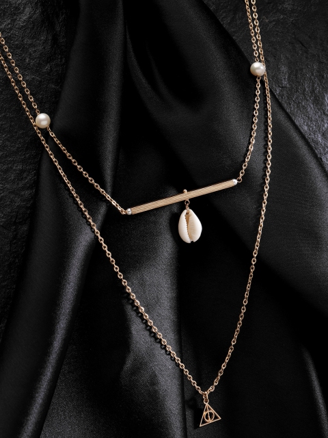 

DIVA WALK EXCLUSIVE Women Gold-Plated Beaded Layered Handcrafted Necklace with Cowry Detail