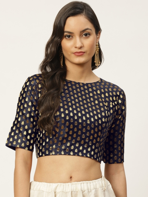 

Studio Shringaar Navy Blue & Golden Self Design Brocade Readymade Saree Blouse