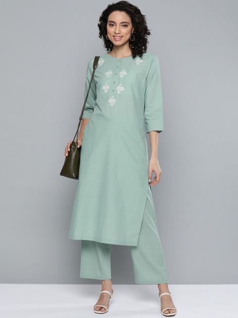 

HERE&NOW Women Green Yoke Design Pure Cotton Kurta with Palazzos