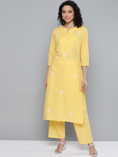 

HERE&NOW Women Yellow & White Embroidered Pure Cotton Kurta with Palazzos