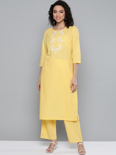 

HERE&NOW Women Yellow Yoke Design Pure Cotton Kurta with Palazzos