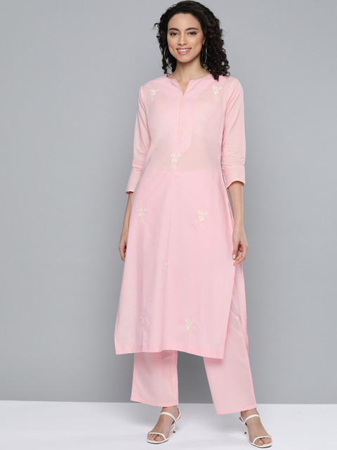 

HERE&NOW Women Pink & White Embroidered Pure Cotton Kurta with Palazzos