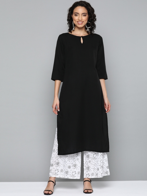 

HERE&NOW Women Black & White Pure Cotton Solid Kurta with Palazzos