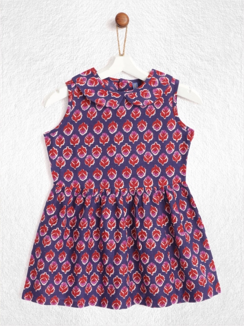 

YK Infant Girls Navy Blue & Maroon Ethnic Motifs Print Cotton A-Line Dress