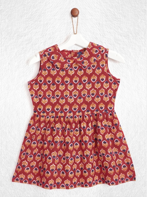 

YK Infant Girls Maroon & Navy Blue Ethnic Motifs Print A-Line Cotton Dress