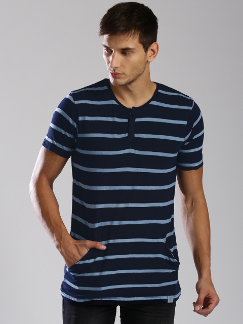 

HRX by Hrithik Roshan Men Real Indigo Striped Henley T-shirt, Navy blue