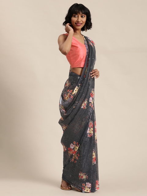 

Mitera Charcoal Grey & Peach-Coloured Poly Georgette Sequinned Saree