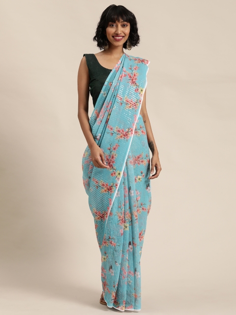 

Mitera Blue Floral Printed Sequinned Saree