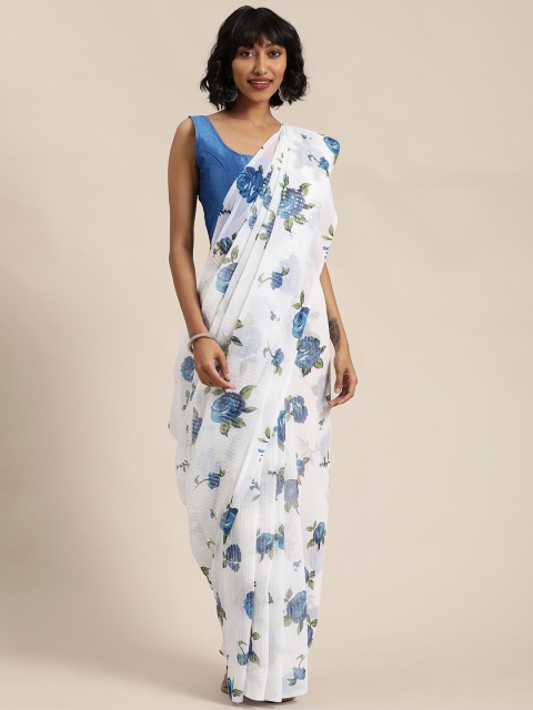 

Mitera White & Blue Floral Printed Sequinned Saree