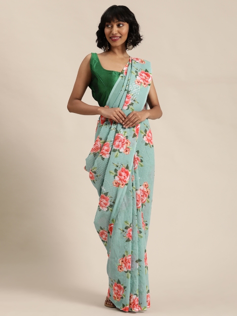 

Mitera Sea Green & Peach-Coloured Poly Georgette Sequinned Saree