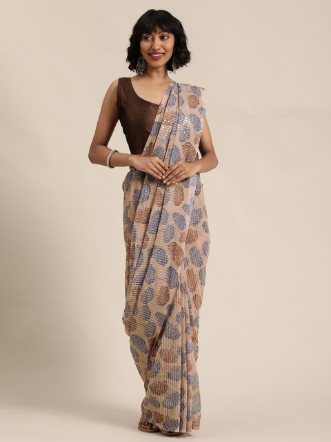

Mitera Brown & Navy Blue Poly Georgette Sequinned Saree