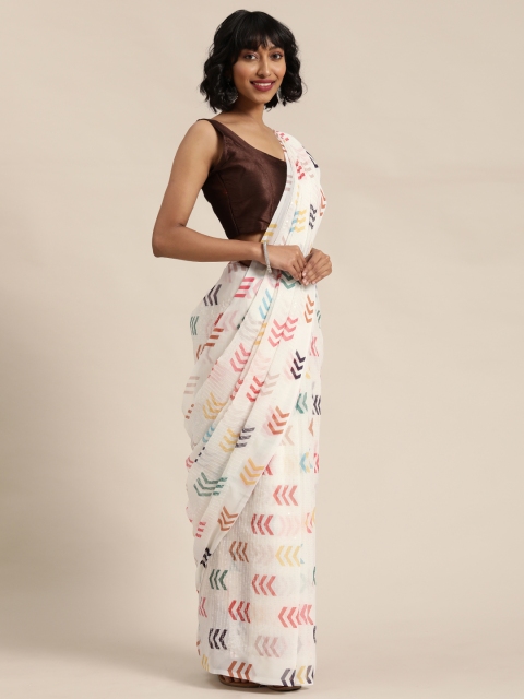 

Mitera White Printed Sequinned Saree