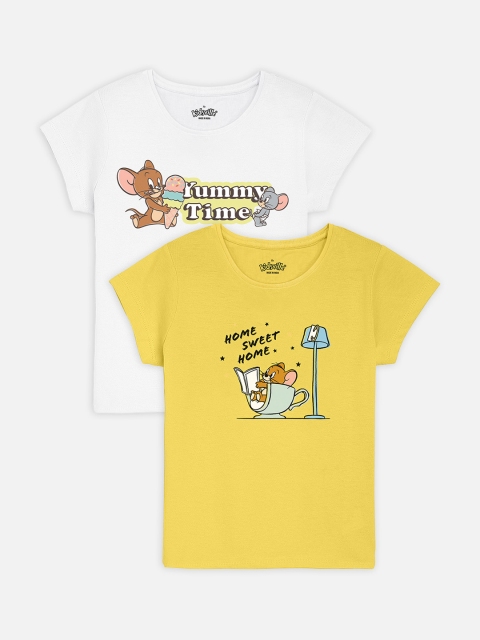 

Kids Ville Girls Pack Of 2 Tom Jerry Printed Round Neck Pure Cotton T-shirts, Yellow