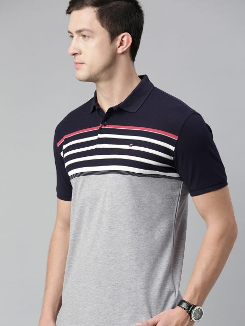 

Louis Philippe Sport Men Grey Melange Striped Polo Collar T-shirt