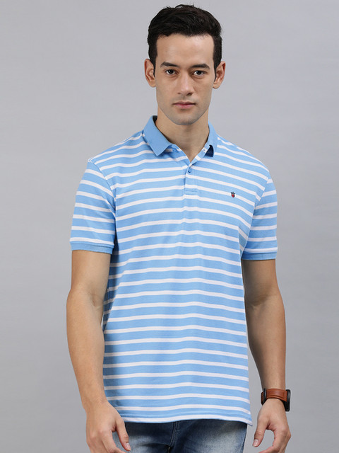 

Louis Philippe Sport Men Blue White Striped Polo Collar Pure Cotton T-shirt