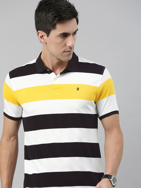 

Louis Philippe Sport Men White & Black Striped Polo Collar T-shirt