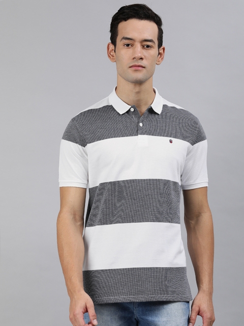 

Louis Philippe Sport Men Grey Melange White Striped Polo Collar Pure Cotton T-shirt