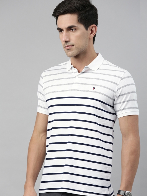 

Louis Philippe Sport Men White & Grey Striped Polo Collar Pure Cotton T-shirt