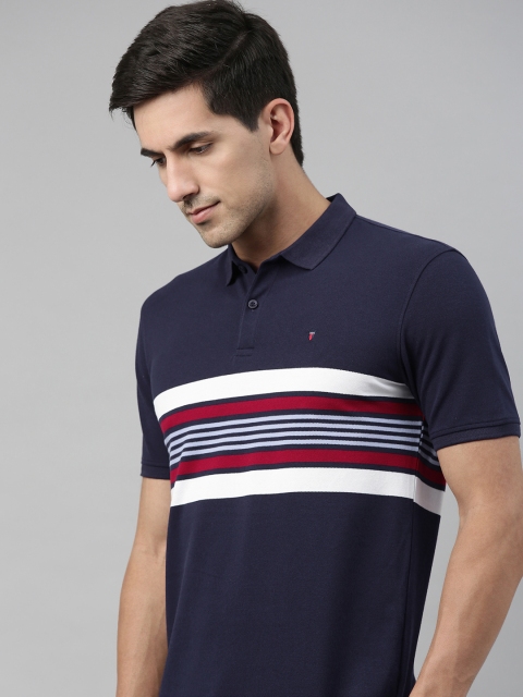 

Louis Philippe Sport Men Navy Blue & White Striped Polo Collar T-shirt