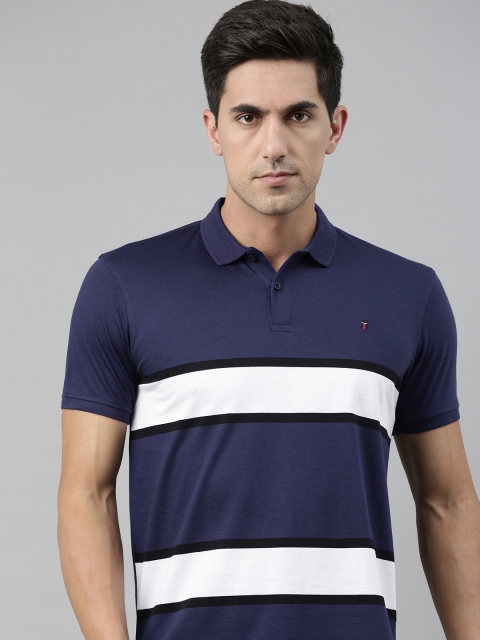 

Louis Philippe Sport Men Navy Blue White Striped Polo Collar Cotton Pure Cotton T-shirt