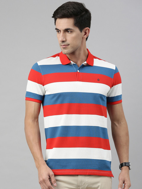 

Louis Philippe Sport Men Red & White Striped Polo Collar Pure Cotton T-shirt