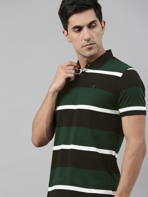 

Louis Philippe Sport Men Green & Black Striped Polo Collar T-shirt
