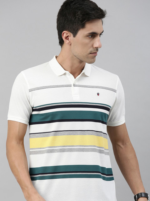 

Louis Philippe Sport Men White Striped Polo Collar Pure Cotton T-shirt